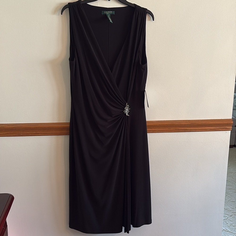 Ralph Lauren Sleeveless Cocktail Dress with Rhinestone Brooch Detail Size 14 NWT